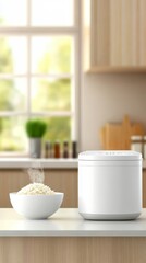 Compact Rice Cooker in Modern Kitchen - Modern kitchen, minimalist design, freshly cooked rice, convenient appliance, easy cooking.