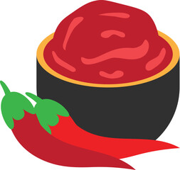 Illustration Of Red Sauce In Bowl and Raw Ripe Chili Peppers