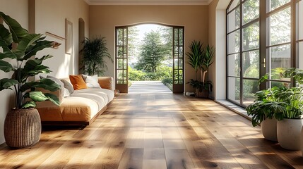 Stunning open hall bathed in natural light, polished wood grain floors, and neutral warm wall tones, 8K 3D high-definition render