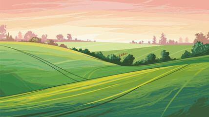 Green Fields with Distant Mountains Landscape