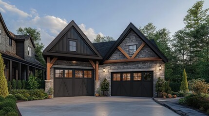 Suburban home's double garage doors, stone facade, evening