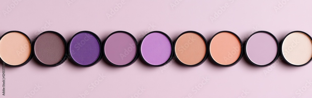 Poster Gradient fill of muted lavender eyeshadow palettes arranged in a sleek line against a soft backdrop showcasing subtle color variations