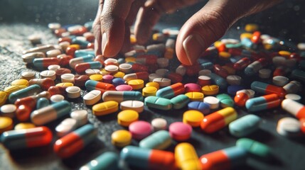 Colorful assortment of pills and capsules on a dark surface with hand reaching for medication. Generative AI