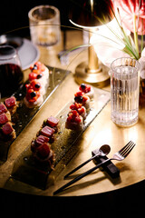 Modern sushi serving at night in a restaurant