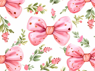 Seamless Watercolor Pink Bow Pattern with Floral Accents
