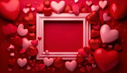 A vibrant Valentine's Day background featuring a soft pink square frame in the center