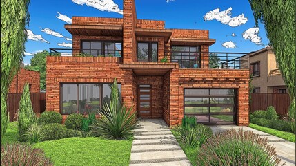 Modern Brick House with Landscaped Front Yard