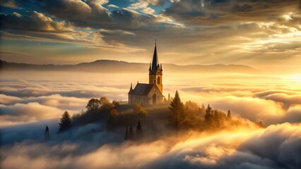 Obraz premium Serene Church Above a Sea of Mist at Sunrise, Bathed in Golden Light