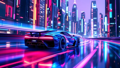 Neon City Nightscape Electric Sports Car Speeding
