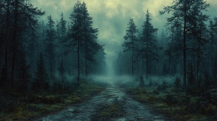 Fototapeta premium Misty Forest Path A Serene Woodland Scene