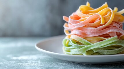 A detailed close-up of a beautifully arranged plate of pasta featuring an assortment of colorful and appetizing toppings.