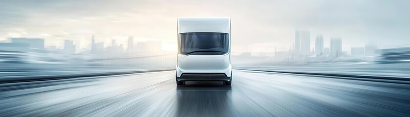 Futuristic electric truck driving on a deserted road with blurred background, symbolizing innovation in transportation. green energy and clean electric concept.