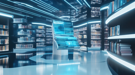 futuristic library featuring holographic books and digital displays, showcasing advanced technology and modern design. atmosphere is immersive and innovative, inviting exploration