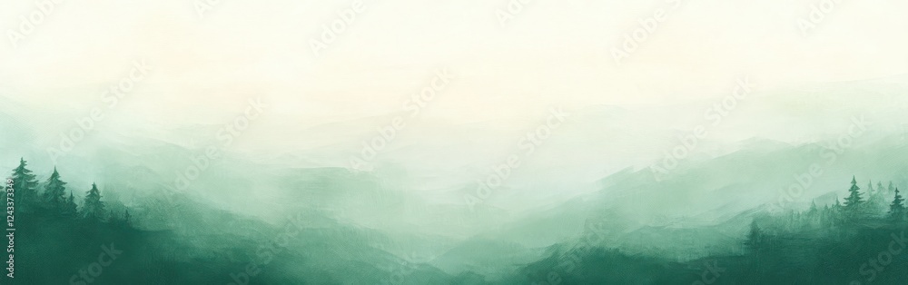 Poster Elegant pencil strokes create a muted gradient landscape of misty mountains and trees at dawn