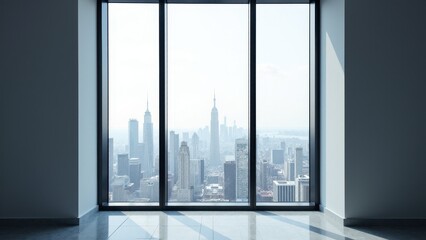 Fototapeta premium A view of a city skyline with skyscrapers seen through a large window, emphasizing the 