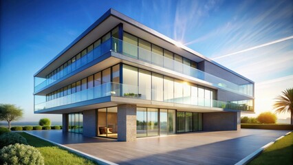 Obraz premium Modern Architectural Design A Luxurious Residence with Expansive Glass Facades and Private Balconies