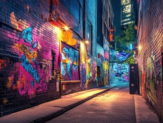 Fototapeta premium Night urban alley, graffiti art, city background, vibrant colors, street photography