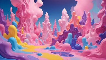 Formas abstractas coloridas y formas en tonos de rosa, azul, morado y amarillo, creando una composición surrealista y onírica