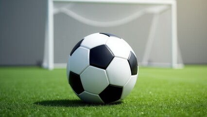 Obraz premium A soccer ball on a green field with a goal in the background.