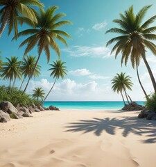 Obraz premium Tropical island scene with aqua turquoise and teal green palm trees on a sandy beach background, turquoise, palm trees, aqua, vibrant colors, teal green