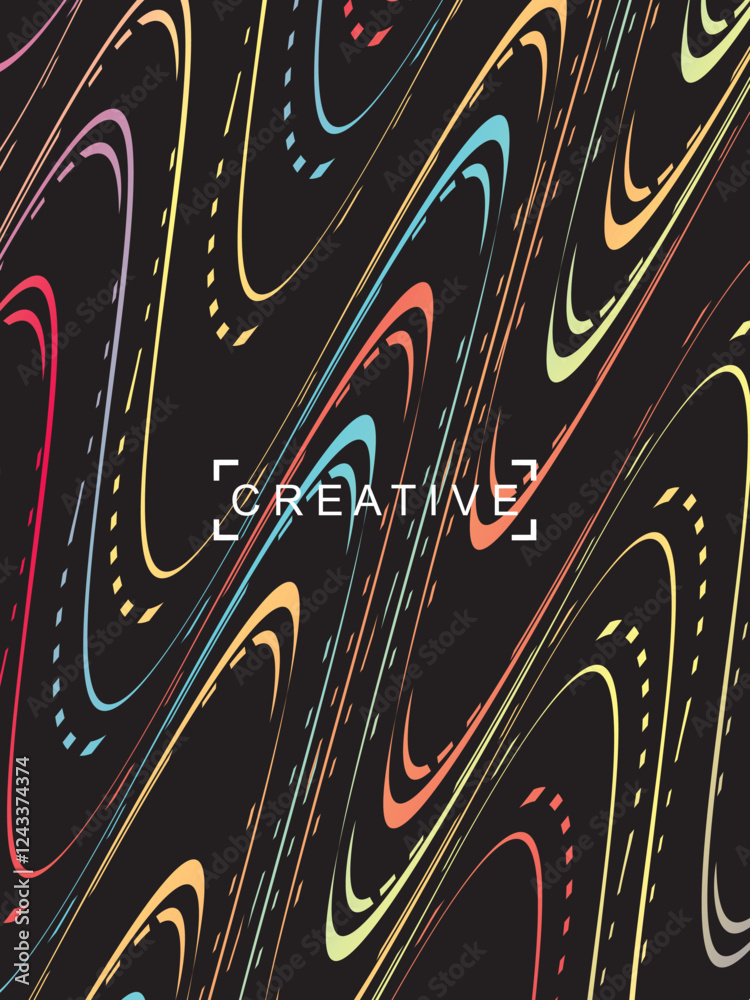Fototapete futuristic abstract technology shining rainbow light lines on modern line pattern black background. 