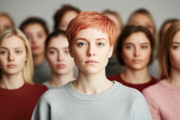 Obraz premium Portrait of a confident young woman with short pink hair surrounded by a diverse group of women, showcasing individuality and self expression in a neutral toned background