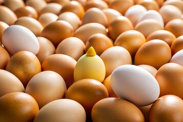 A whimsical scene featuring a bright yellow chick among a sea of brown and white eggs, symbolizing new beginnings and Easter themes.
