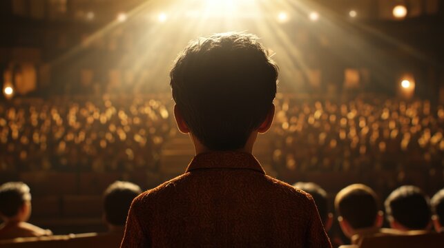 Young performer stands onstage, ready to captivate an eager audience during a theater performance. Generative AI