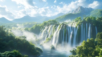 Naklejka premium Majestic Waterfall, Lush Mountain Valley, Sunrise Mist
