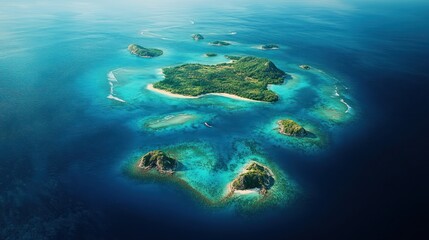 Breathtaking aerial view of tropical islands surrounded by vibrant blue ocean waters at midday. Generative AI