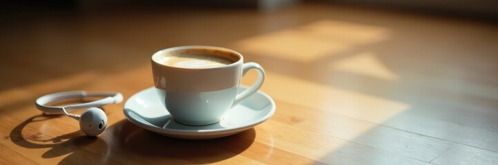 Obraz premium A cup of hot coffee or tea with white headphones beside it on the floor, , focus