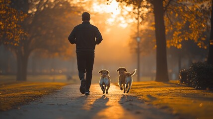 Morning jog in the park with two dogs during sunrise on a clear autumn day. Generative AI