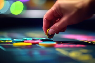 Obraz premium Closeup of a hand placing casino chips on a roulette table in a vibrant casino setting highlighting the excitement of gambling and strategy