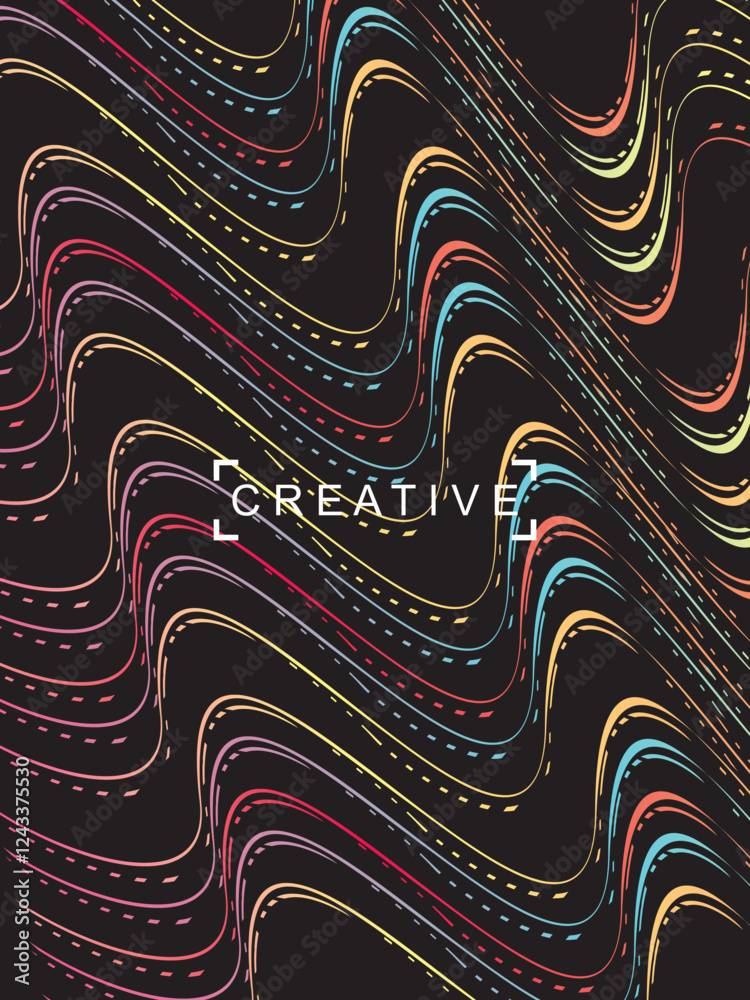 Fototapete futuristic abstract technology shining rainbow light lines on modern line pattern black background. 