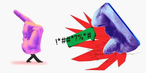 Toxic Interaction. Hand responding to aggressive face making negative comment explosion. Online debates, digital arguments. Concept of communication, networking, social media. Print, noise effect