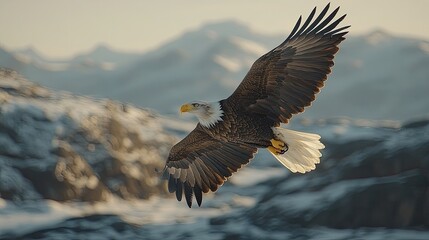 Obraz premium Majestic bald eagle soaring over snow-capped mountains at sunset, capturing the essence of freedom