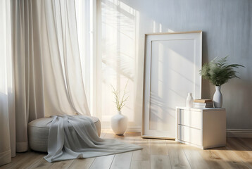 A serene interior space featuring soft curtains, a minimalist frame, a decorative plant, and natural light illuminating wooden floors.