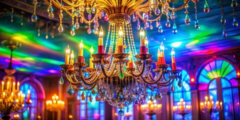 Elegant Crystal Chandelier & RGB Ballroom Lights: Vibrant Stock Photo