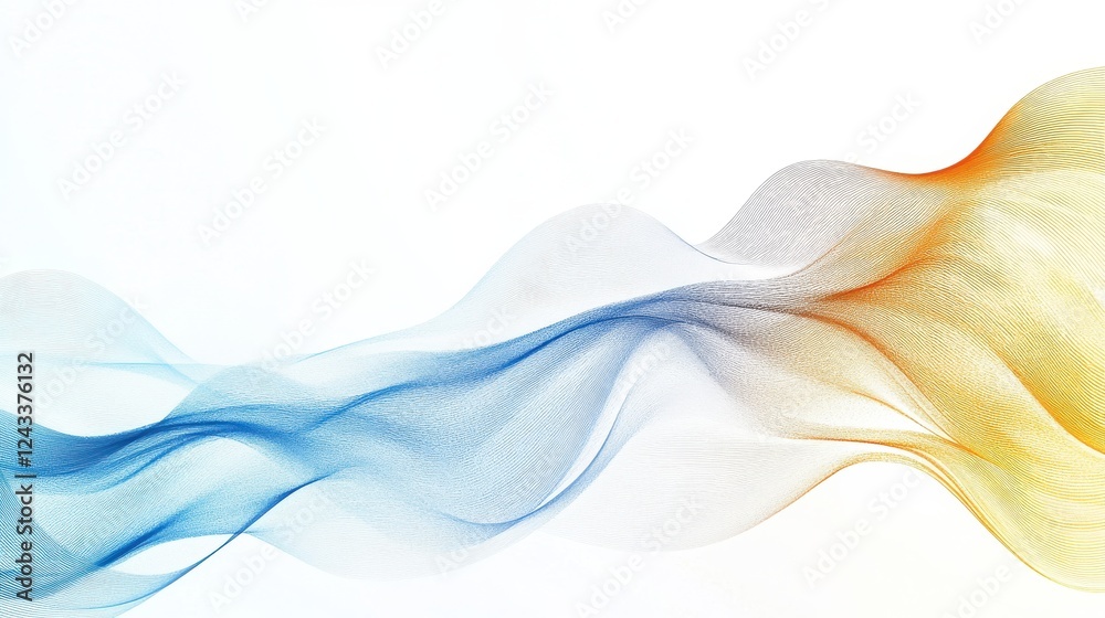 Poster flowing abstract waves in blue and orange against a soft white background evoke a sense of calm ener