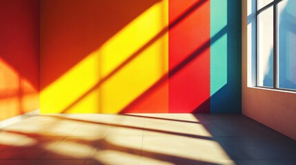 Colorful interior space with vibrant walls and shadows from sunlight during the day. Generative AI