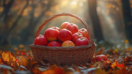A rustic basket filled with vibrant red apples amidst a serene autumn forest setting