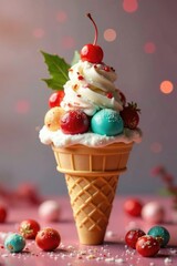 Cone filled with colorful Christmas balls, berries, and ice cream, festive dessert, cone