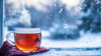 A serene cup of tea rests on a sunlit window sill, inviting warmth and tranquility into the cozy indoor space.