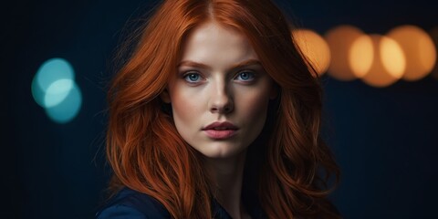 Naklejka premium Portrait of a woman with long red hair against a dark background with soft bokeh lights during nighttime