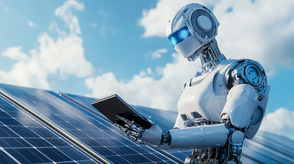 AIpowered robotic assistant aiding a technician in solar panel repair