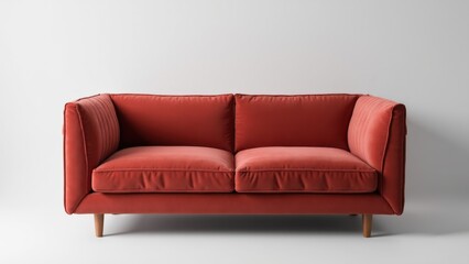 A stylish velvet sofa with a modern design, featuring a rich red color and wooden legs, perfect for contemporary living spaces.
