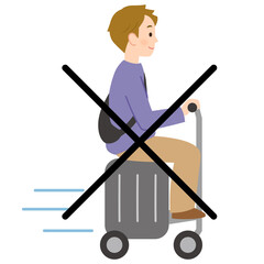 電動スーツケースに乗って移動する若い男性