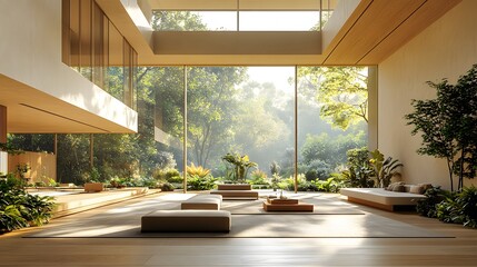 Fototapeta premium Aesthetic open hall space with floor-to-ceiling windows, a warm wooden floor, and natural light enhancements, high-quality 8K 3D visualization