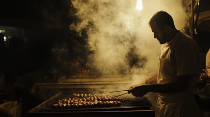 A man skillfully grills food in a dimly lit setting, showcasing culinary expertise and the warmth of outdoor cooking.
