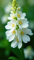 Fototapeta premium detail of white flower with intricate texture, white blooms, greenery